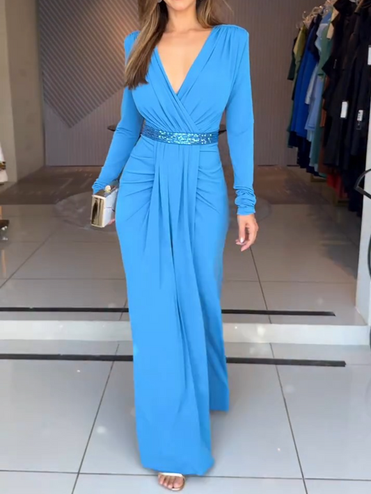Elegant Azure Deep V-Neck Long Sleeve Evening Gown