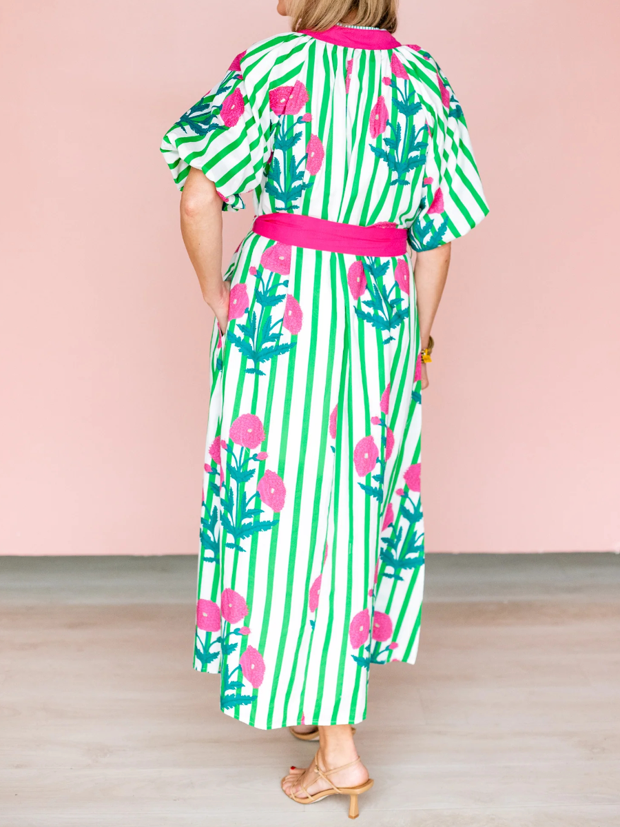 V-Neck Half Sleeve Striped Floral Print Belted Dress