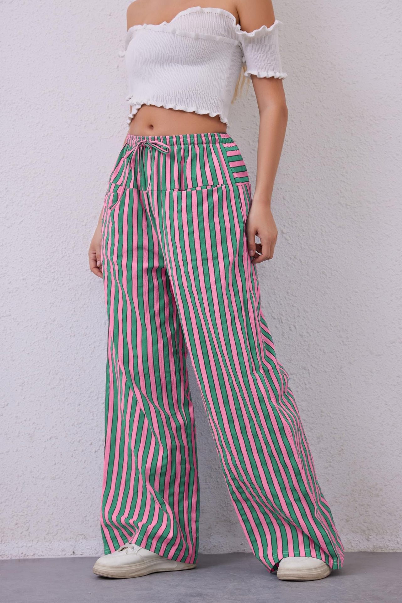 Women's Drawstring Striped Casual Pants