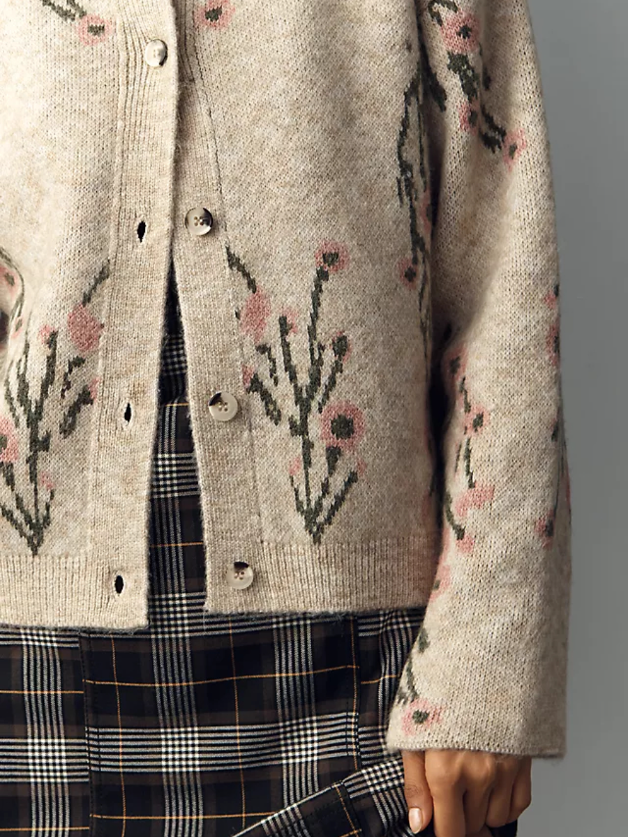 Crew-Neck Floral Cardigan Sweater