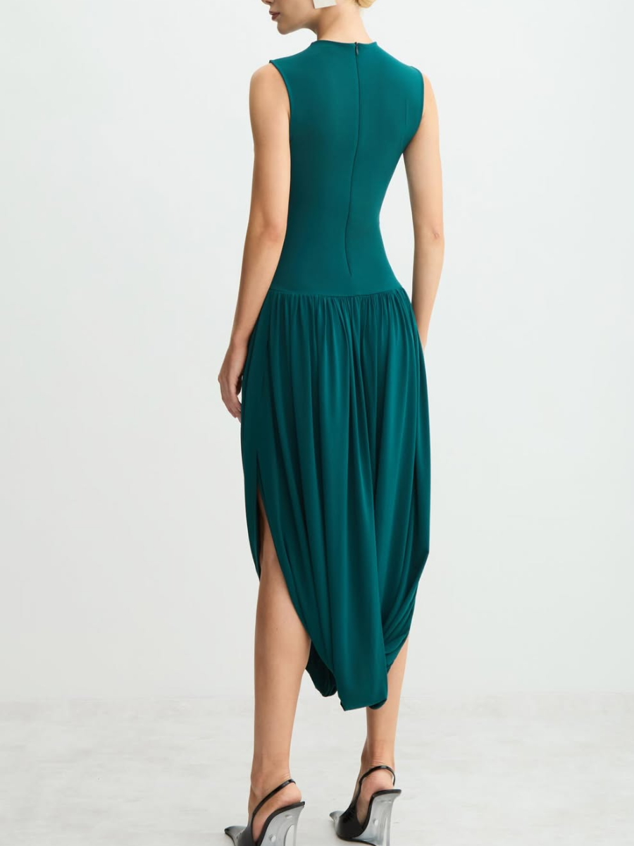 Sleeveless Feminine Ruched Asymmetrical Hem Dress