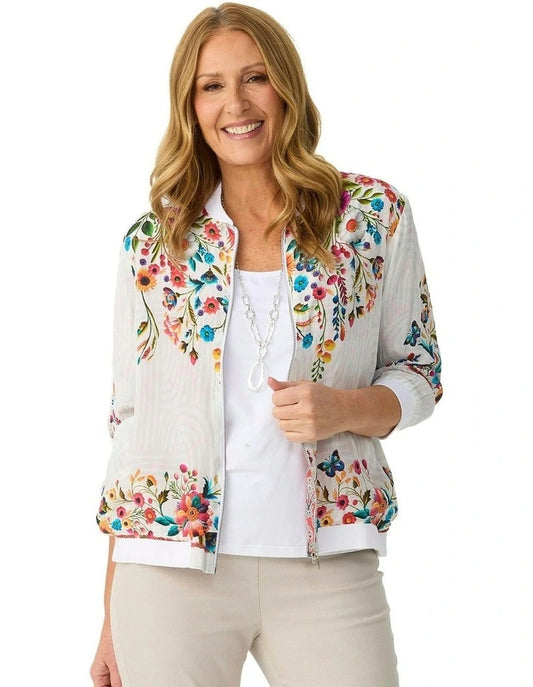 Embroidered Soft Bomber Jacket in White