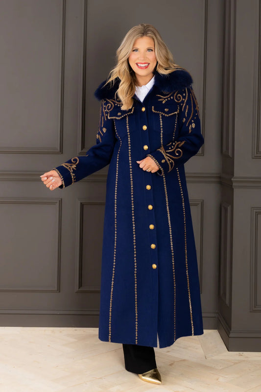 Embroidered Sapphire Maxi Coat