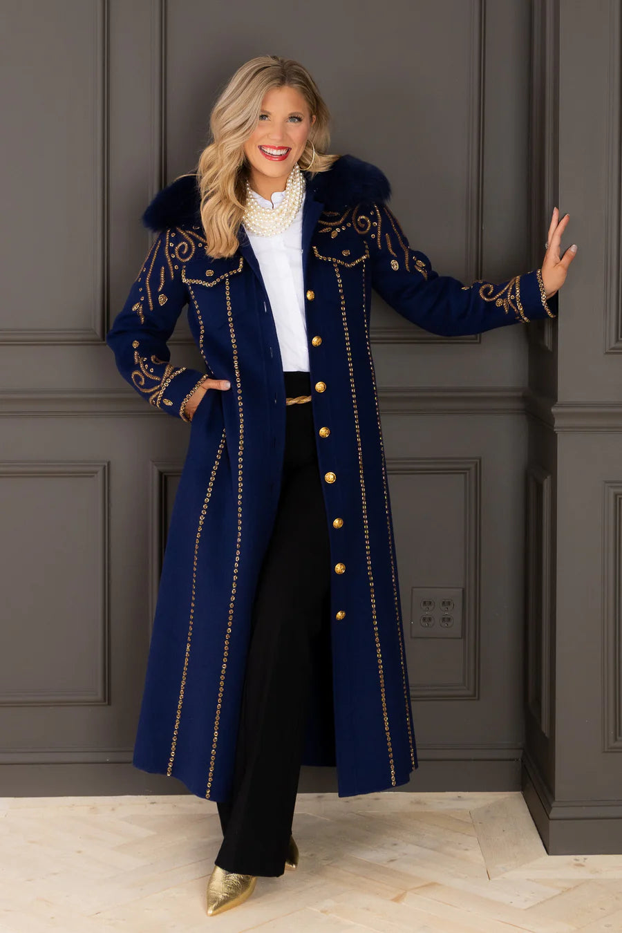 Embroidered Sapphire Maxi Coat