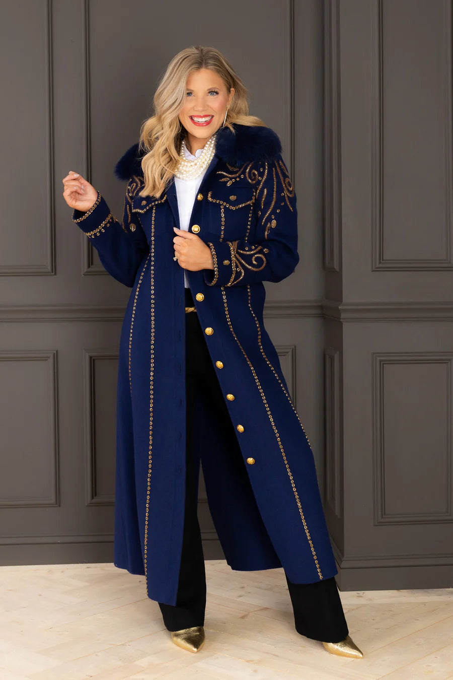 Embroidered Sapphire Maxi Coat