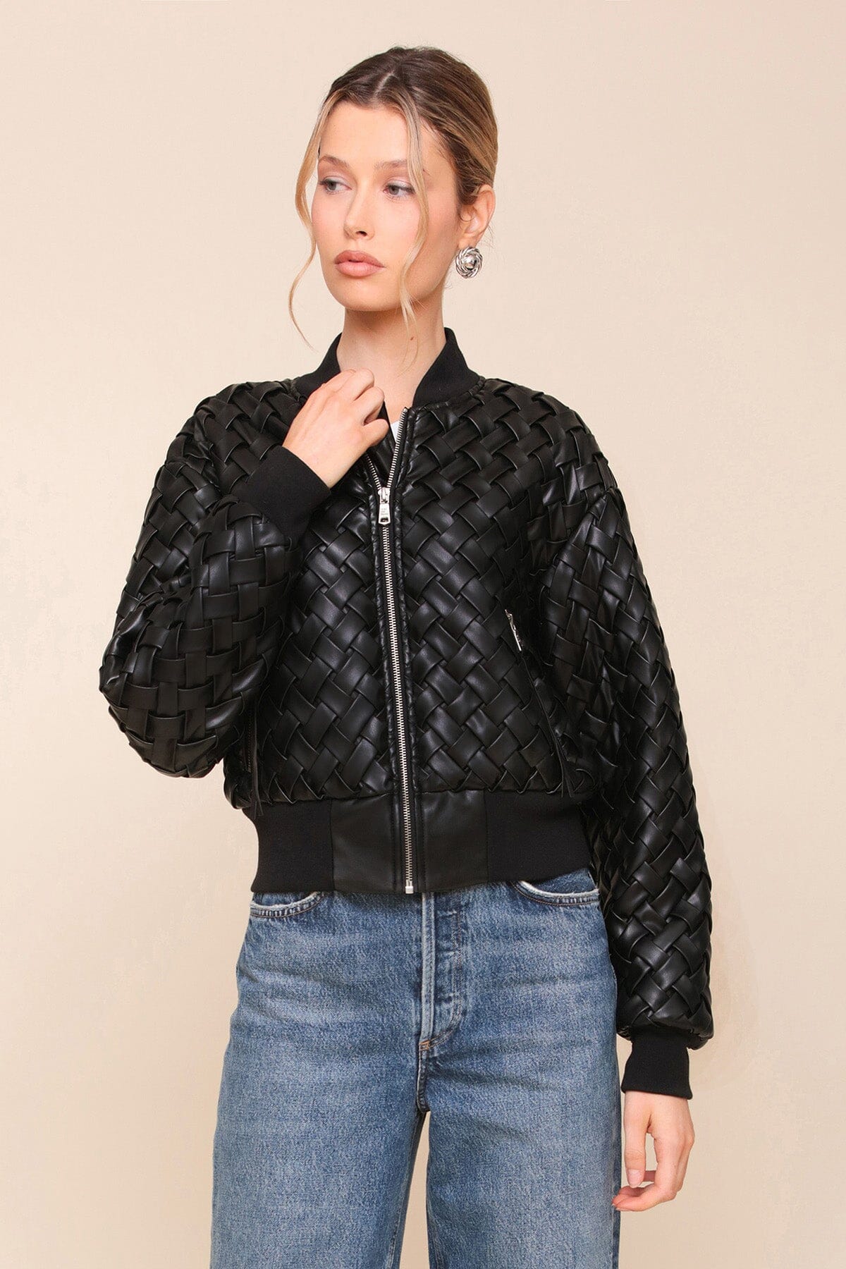 Black Woven Faux Leather Bomber Jacket