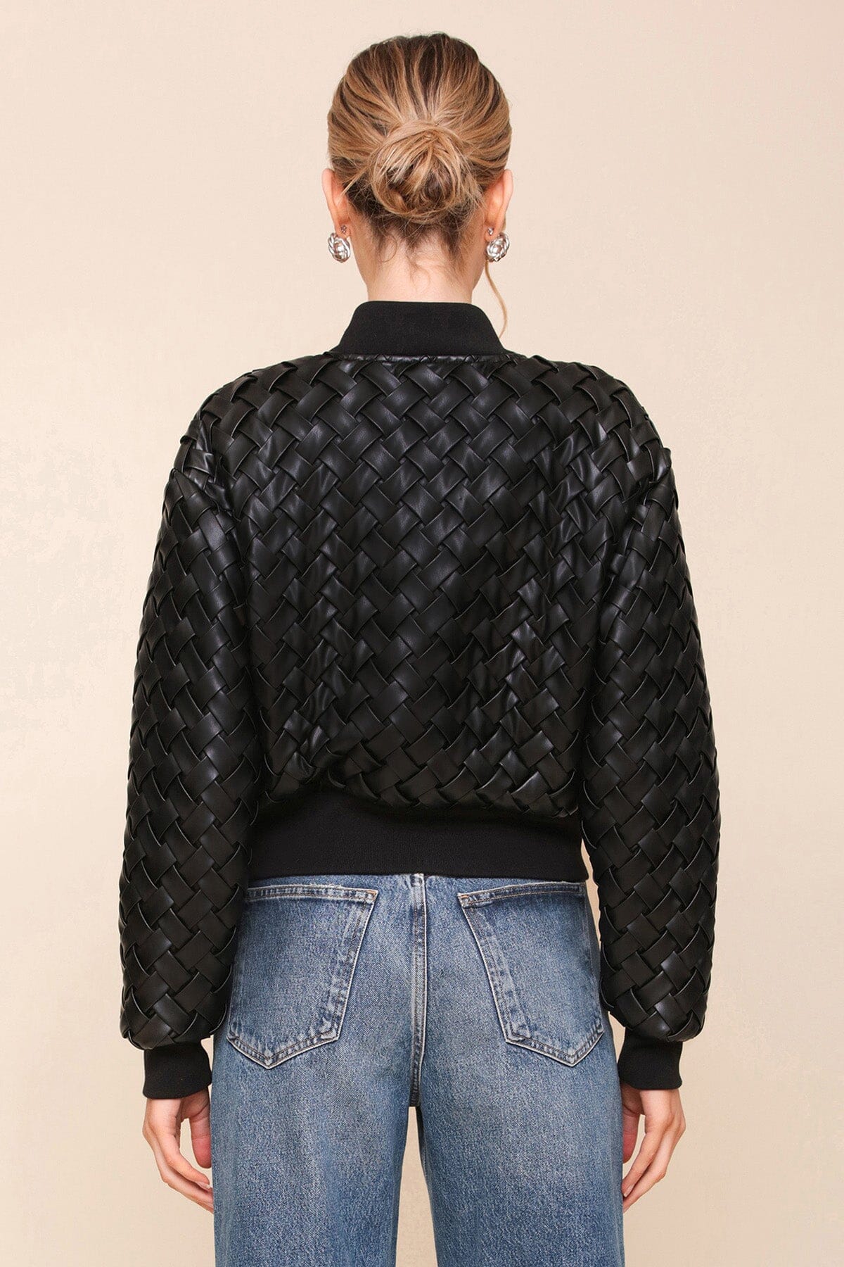 Black Woven Faux Leather Bomber Jacket