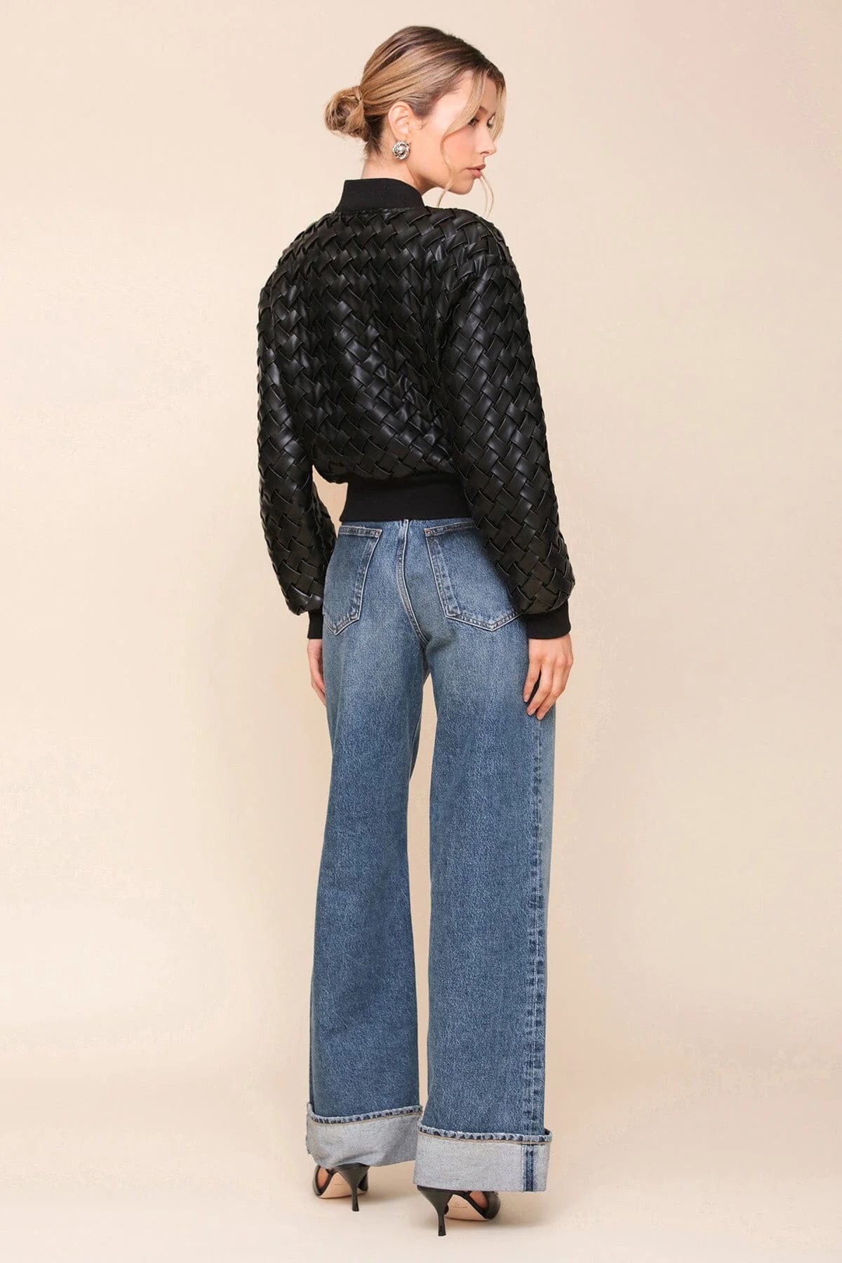Black Woven Faux Leather Bomber Jacket