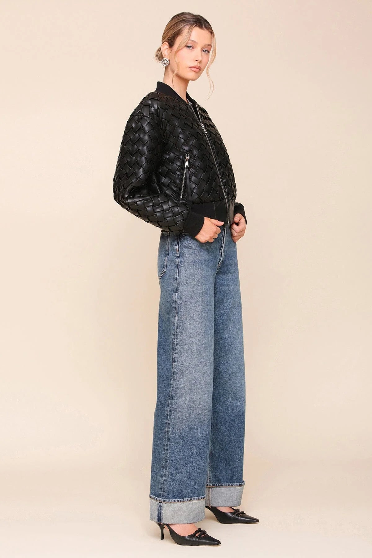 Black Woven Faux Leather Bomber Jacket