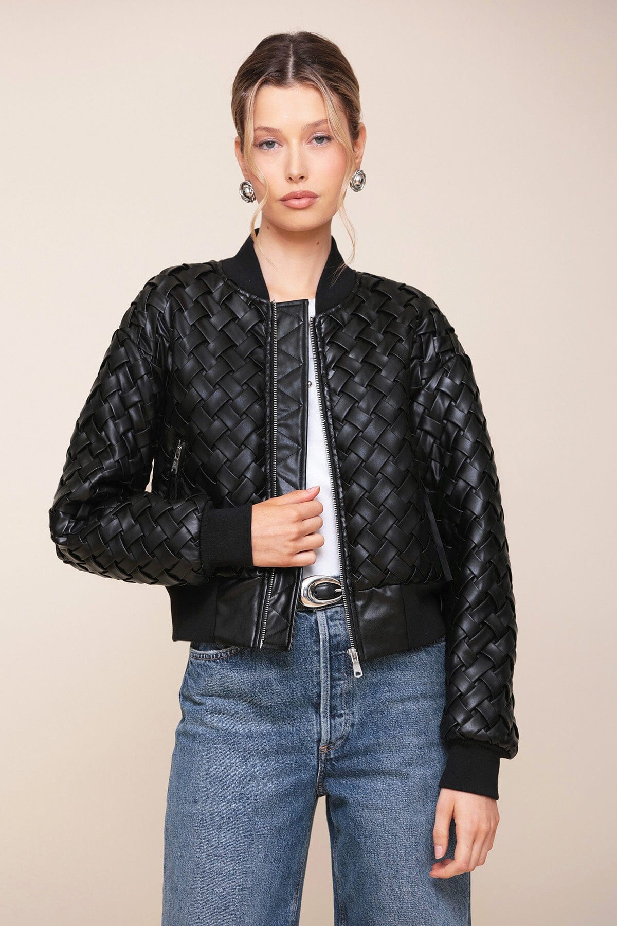 Black Woven Faux Leather Bomber Jacket
