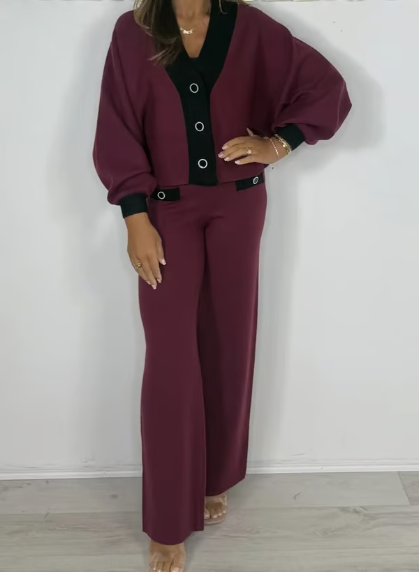 Women's Puff Sleeve V-Neck Top & Pants 2-Piece Set