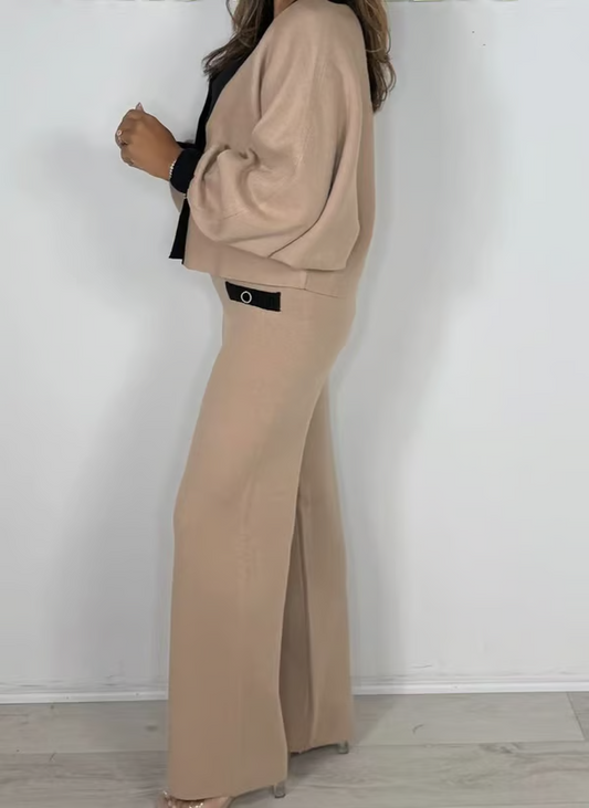 Women's Puff Sleeve V-Neck Top & Pants 2-Piece Set