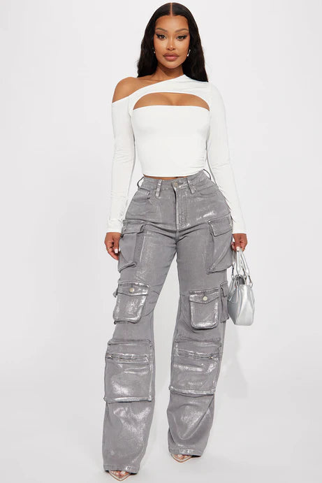 Time To Shine Foil Baggy Cargo Jeans