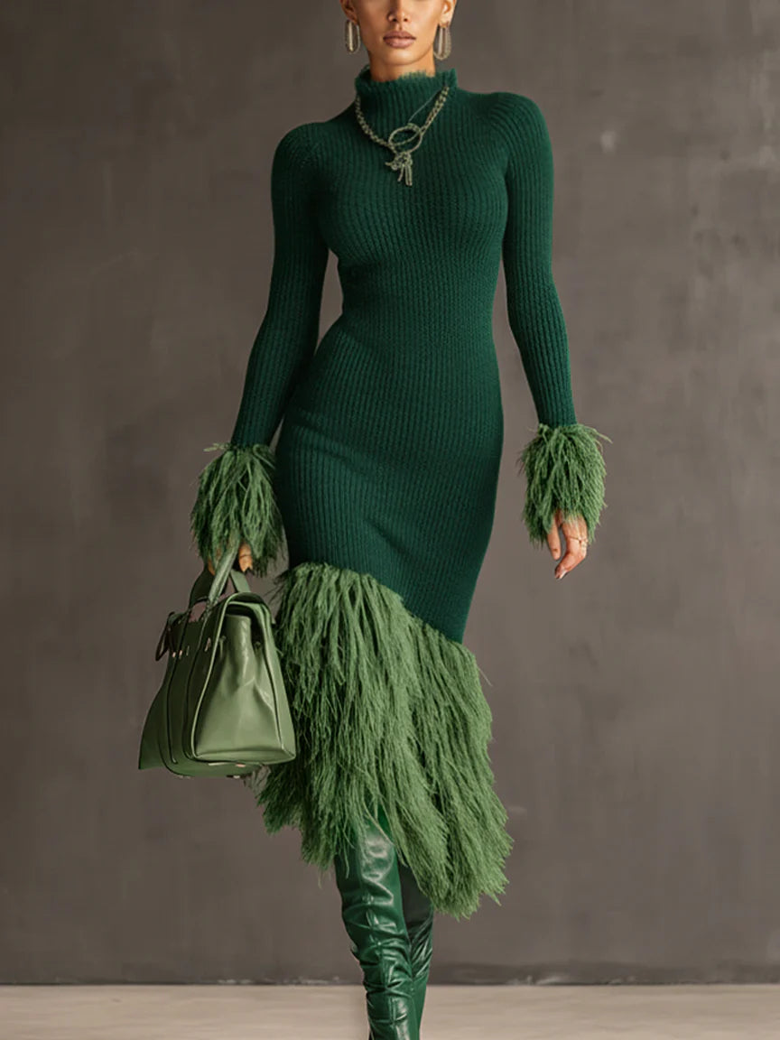Emerald Knit Patchwork Eco Faux Fur Long Sleeve Dress