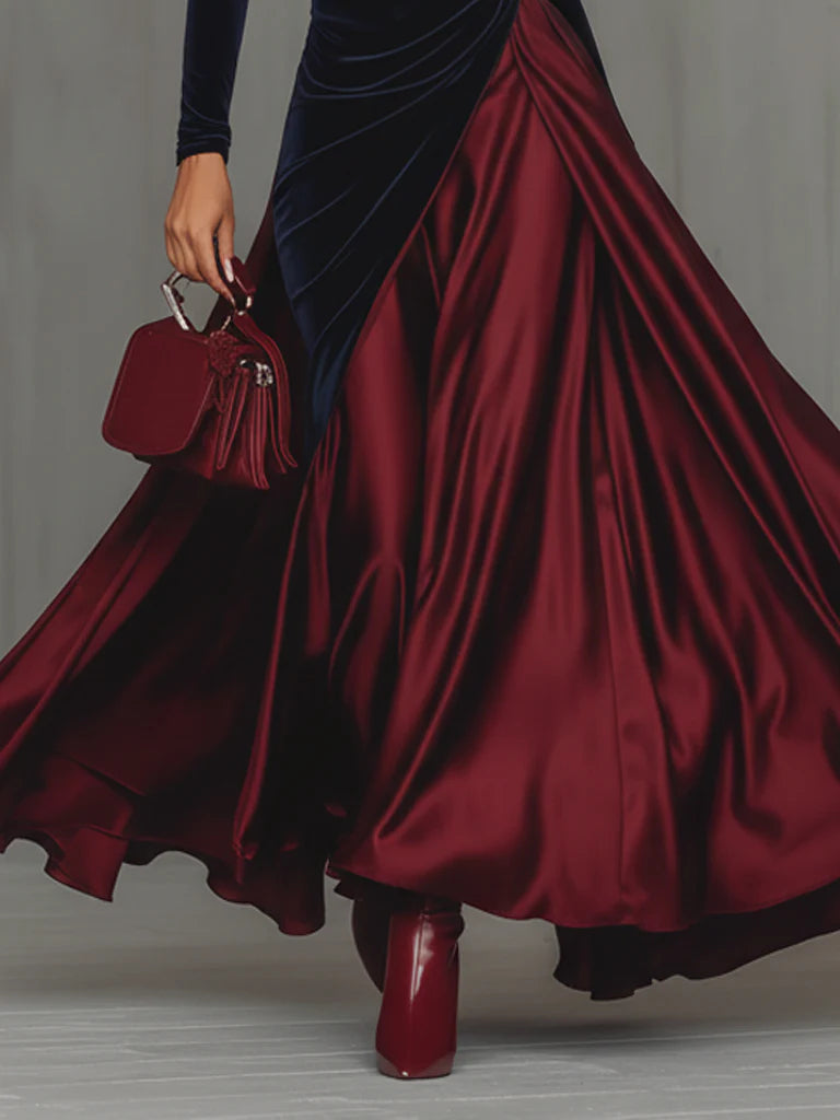 Velvet And Burgundy Satin Color Block Long Dress
