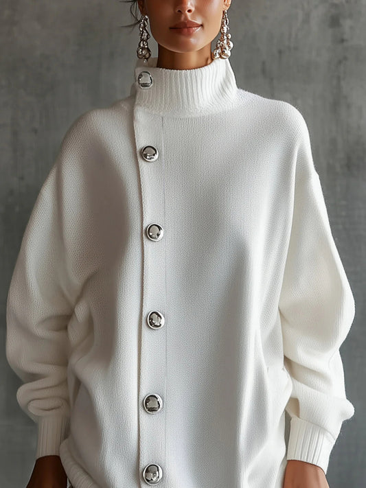 White Buttoned Turtleneck Sweater Dress