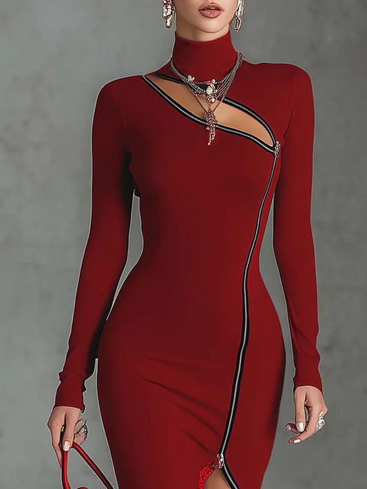 Lace Patchwork Zipper Dress With Side Slit