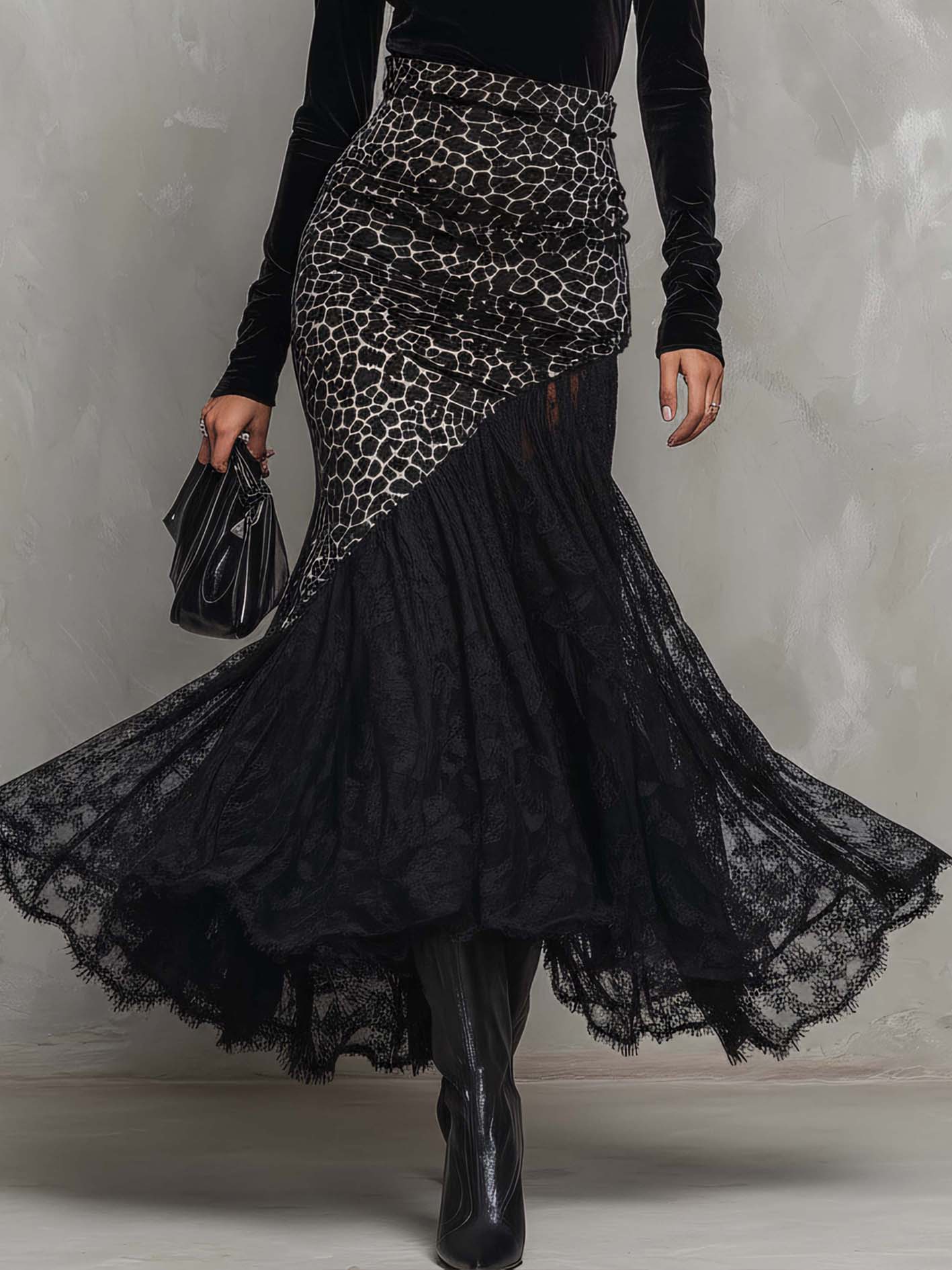 Black Velvet Leopard Patchwork Lace Dress