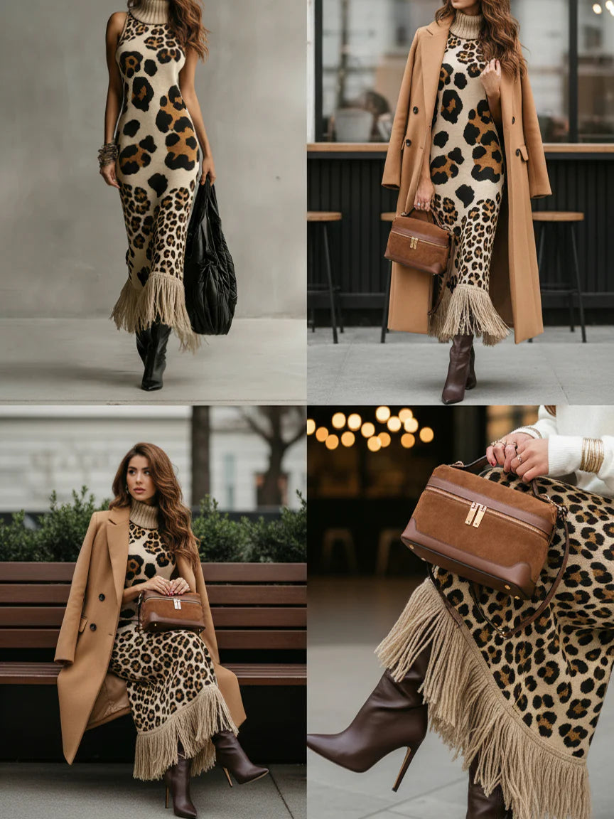 Irregular Leopard Print Knitted Tassel Sleeveless Maxi Dress