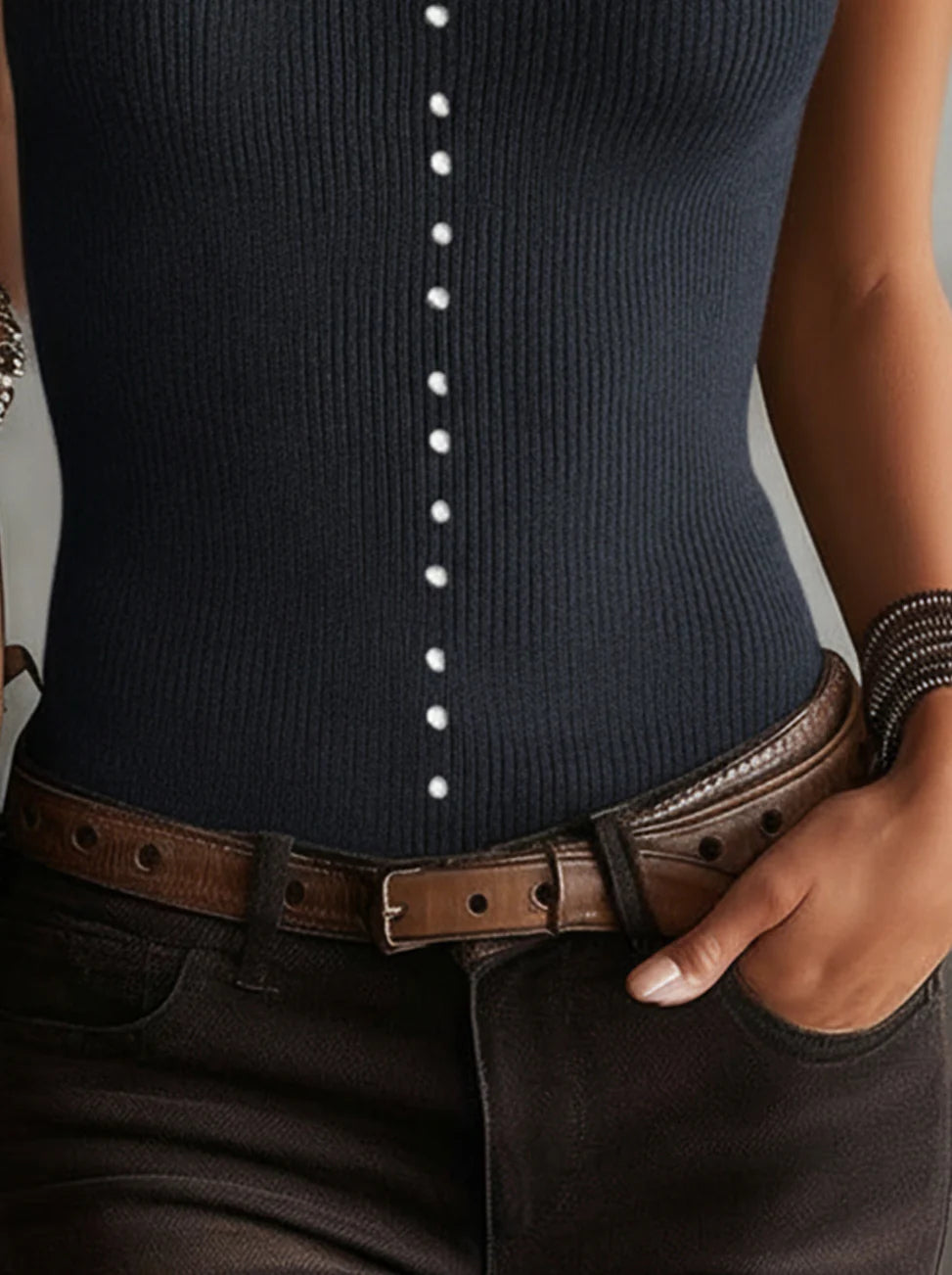 Ribbed Knit Sleeveless Vest With Pearl Button Detailing