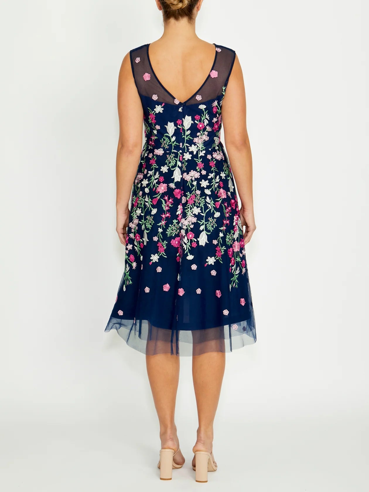 Navy Floral Embroidered Tulle Midi Dress