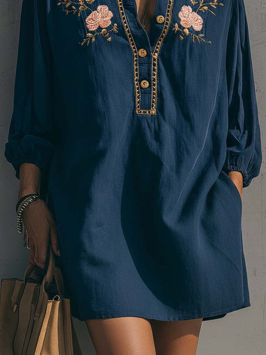 Cotton Linen Floral Embroidered Collared Mini Dress