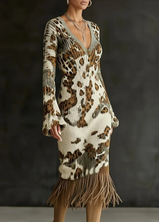 Lantern Sleeve V-Neck Knit Fringe Dress