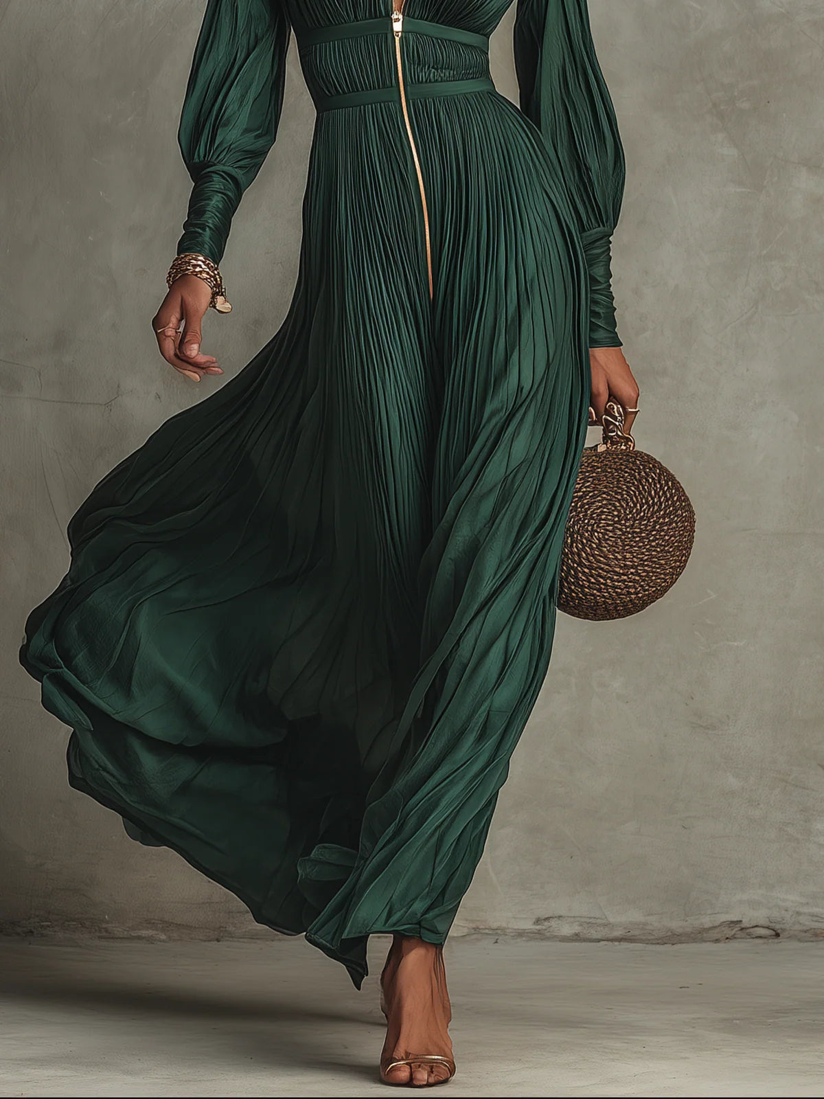 Green Pleated Chiffon Long Sleeve Zip-Front Dress