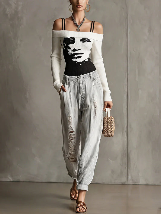 Black And White Off-Shoulder Knit Sweater With Abstract Face Design