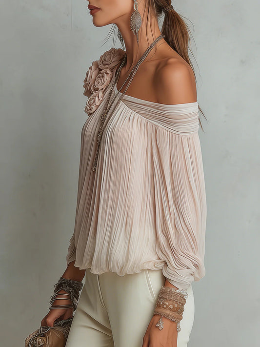 Pleated Off-Shoulder Floral Accent Chiffon Blouse