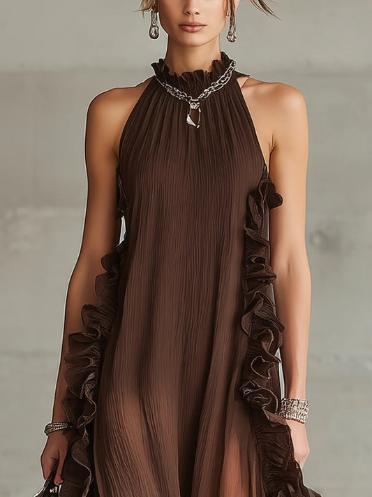 Ruffle Trim Pleated Halter Chiffon Maxi Dress