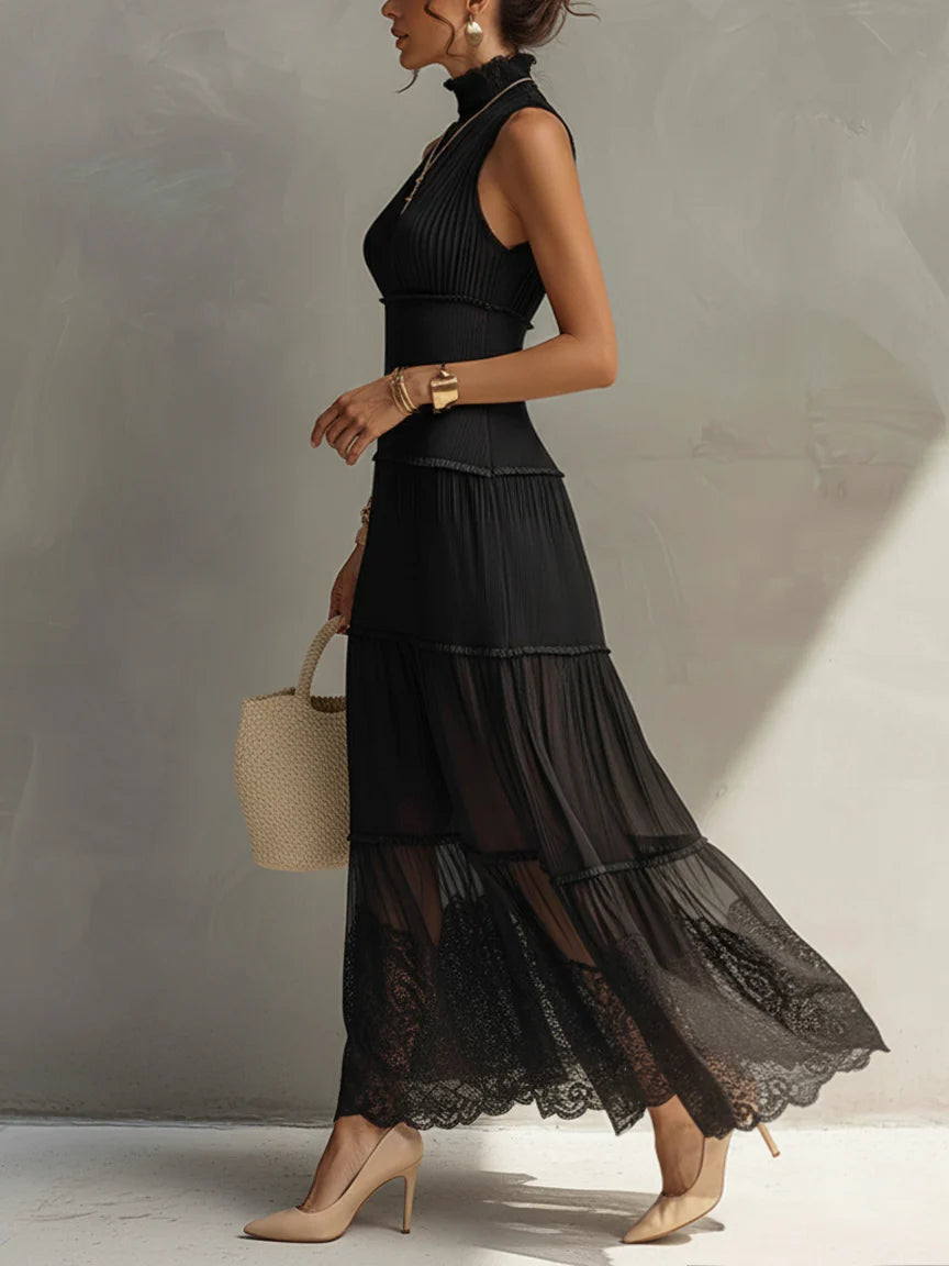Black Sleeveless Chiffon Lace Maxi Dress
