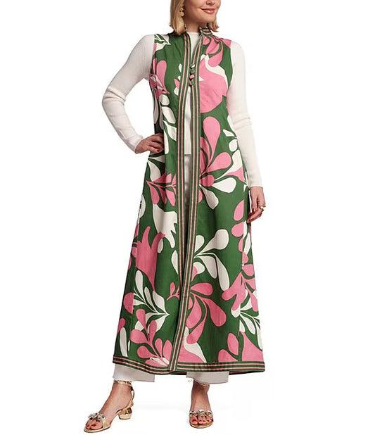 Modern Palm Mock Neck Sleeveless A-Line Maxi Vest