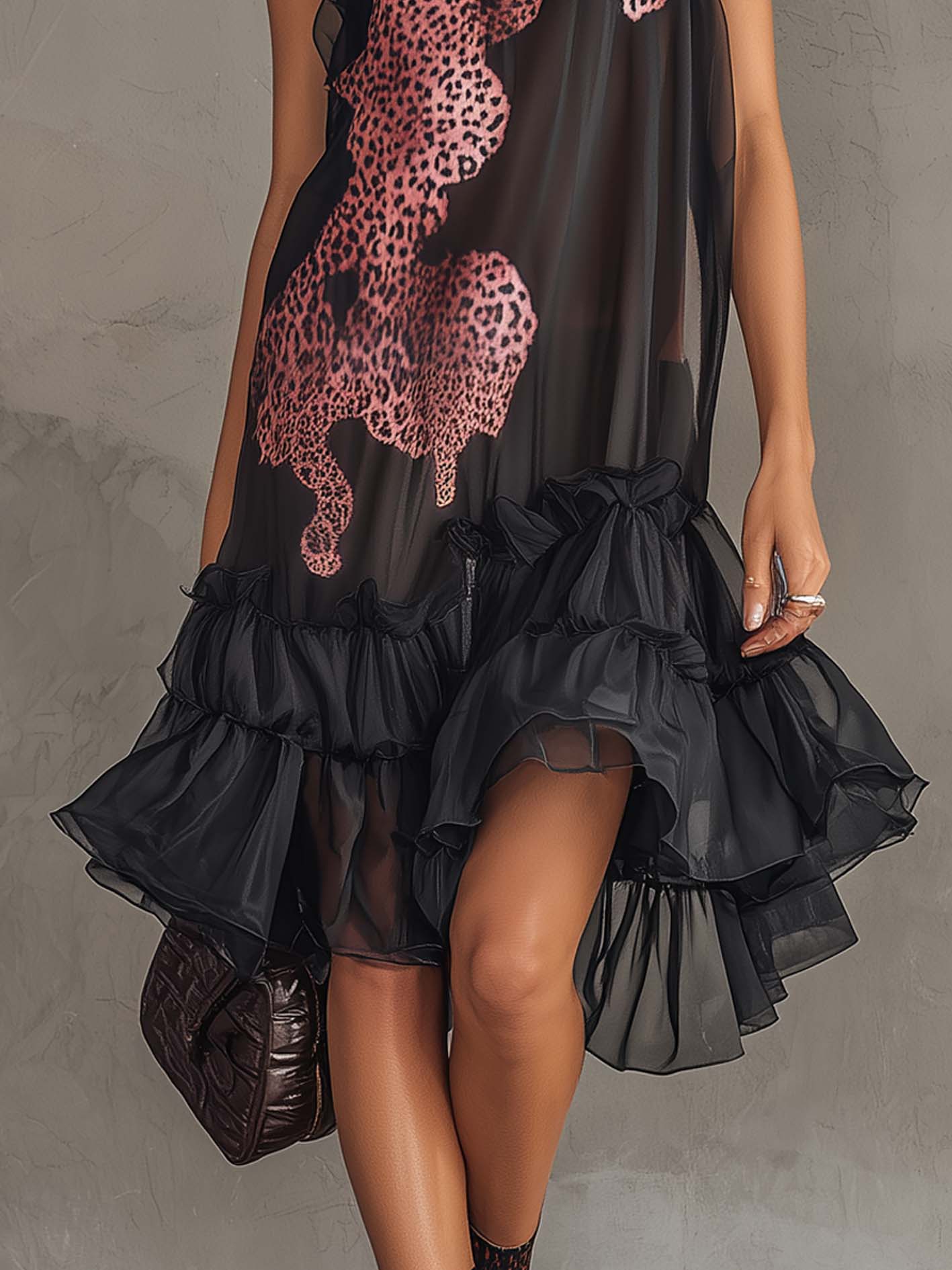 Chiffon Ruffled Asymmetric Leopard Midi Dress