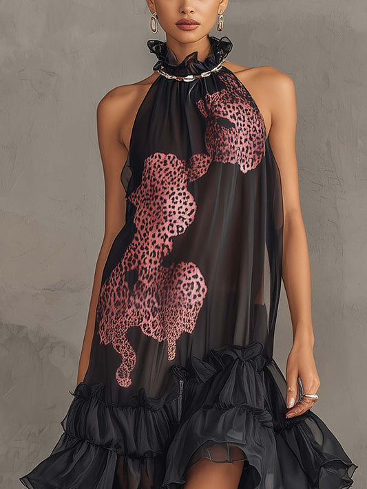 Chiffon Ruffled Asymmetric Leopard Midi Dress