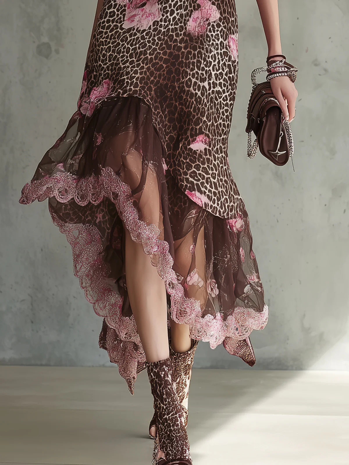 Leopard Print Halter Neck Asymmetrical Lace Hem Dress