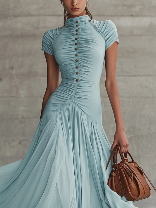Short Sleeve Ruched Chiffon Maxi Dress
