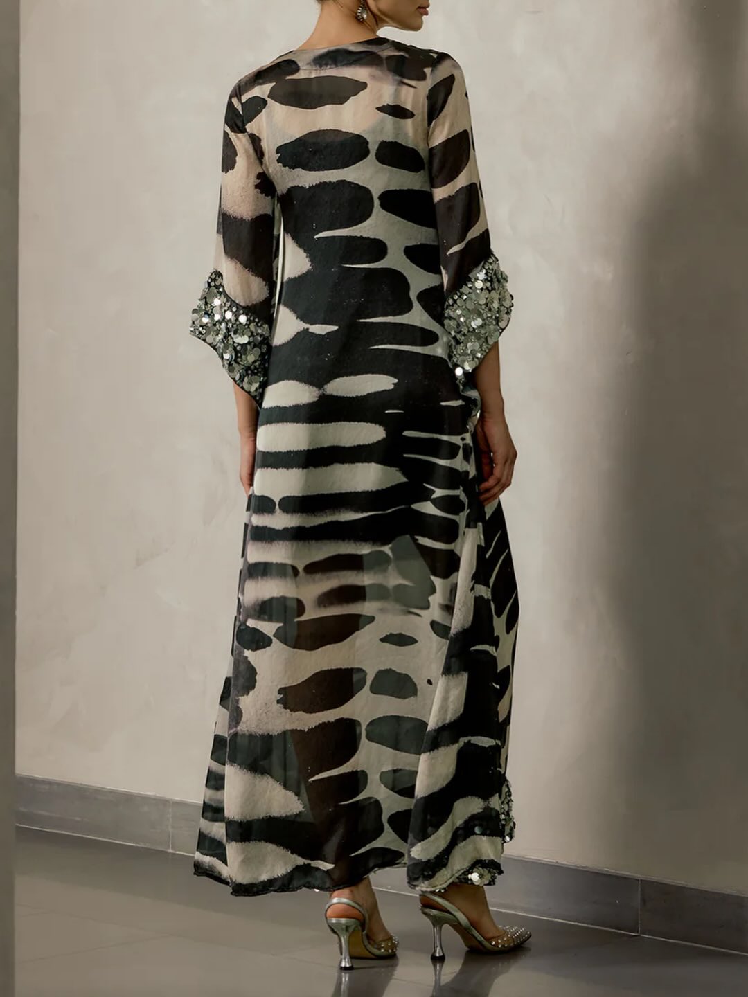 Silver Sequin Trimmed Abstract Kaftan Dress