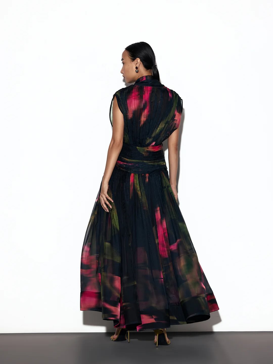 Tie-Wrap Chiffon Abstract Print Long Dress