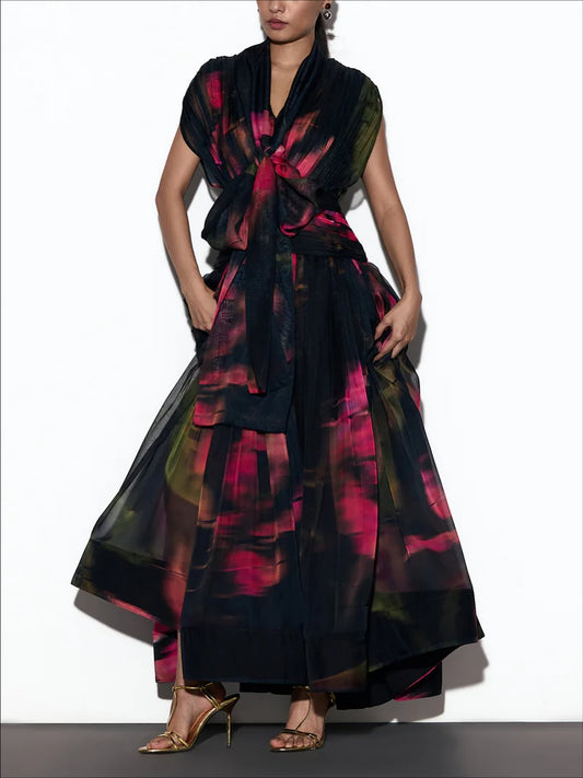 Tie-Wrap Chiffon Abstract Print Long Dress