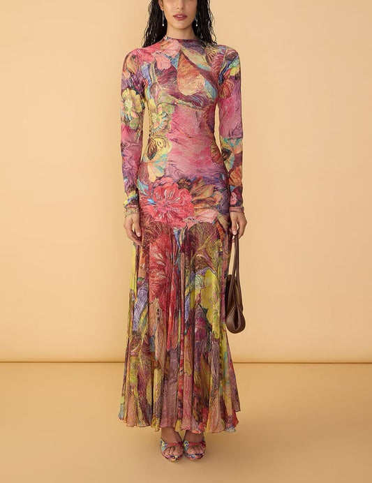 Vibrant Floral Print Long Sleeve Mesh Dress