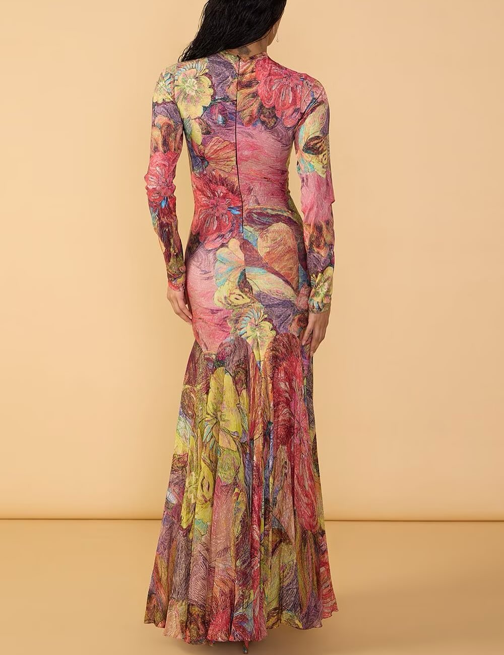 Vibrant Floral Print Long Sleeve Mesh Dress