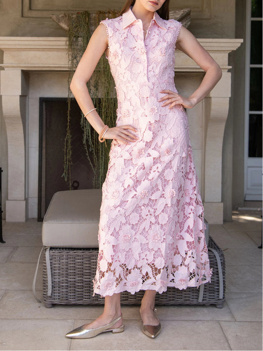 Light Pink Collared Floral Lace Maxi Dress