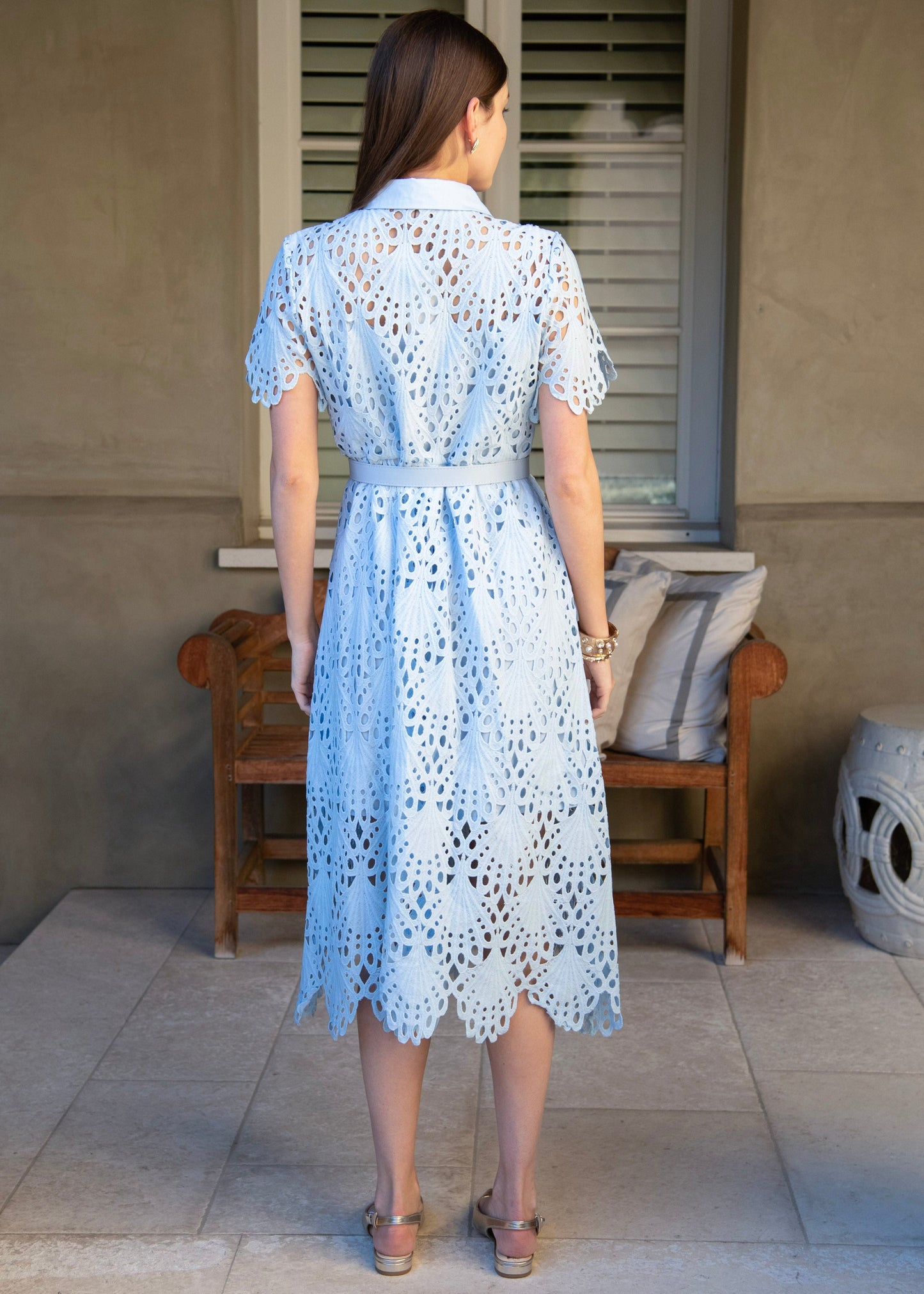 Belted Short Sleeve Lace Midi Dress