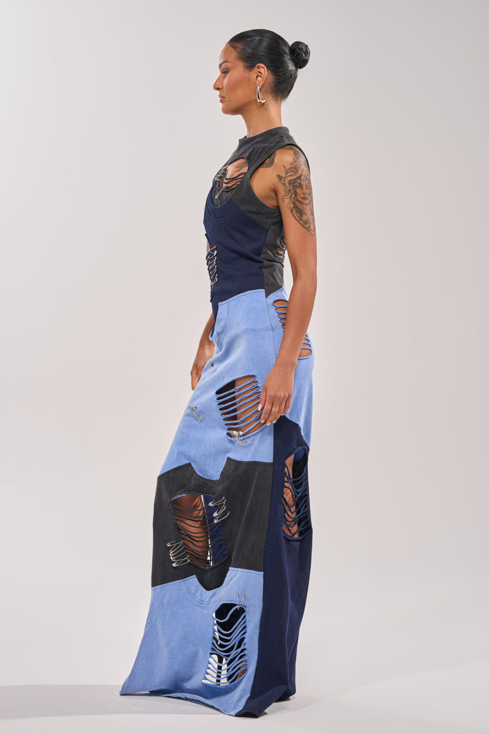 Distressed Asymmetrical Denim Maxi Dress