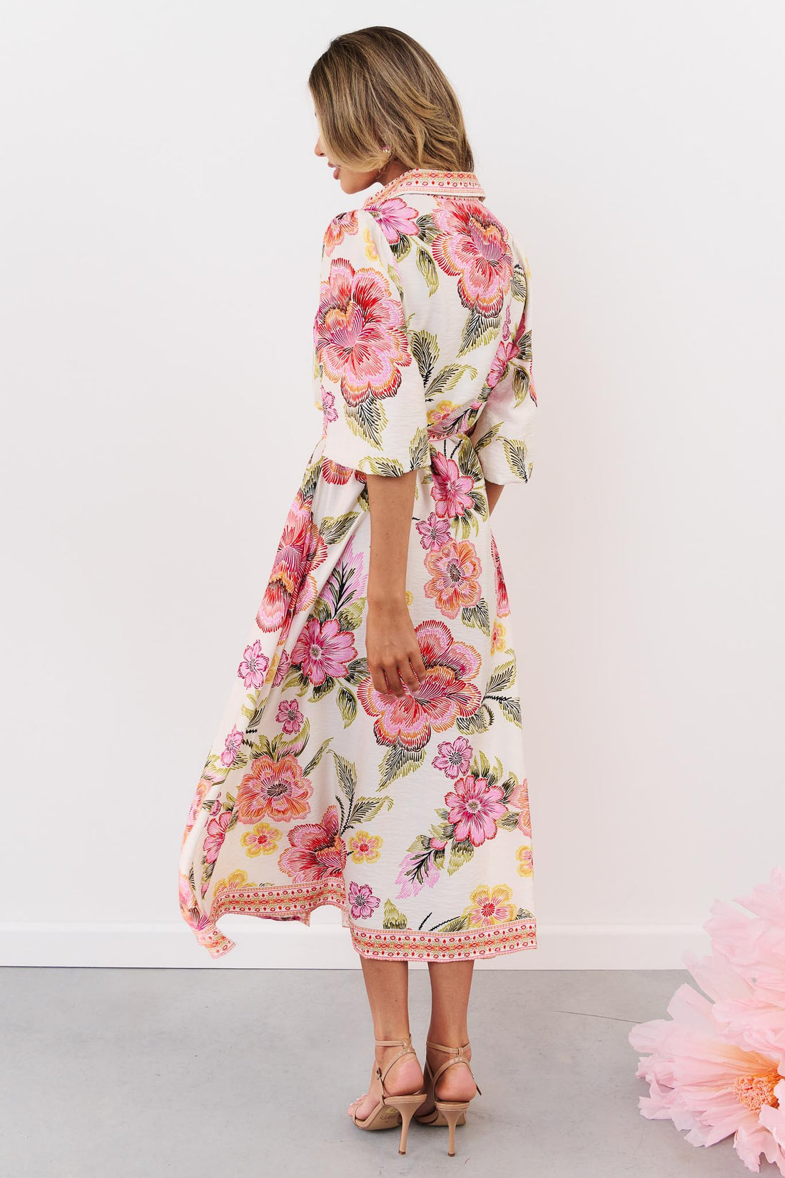 Bold Floral Waist Tie 3/4 Sleeve Shirt Maxi Dress