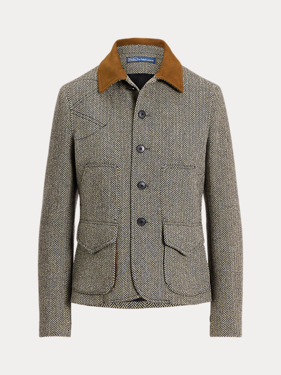 Suede-Trim Herringbone Jacket