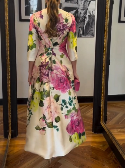 Elegant Square Neck 3/4 Sleeve Floral Print Midi Dress