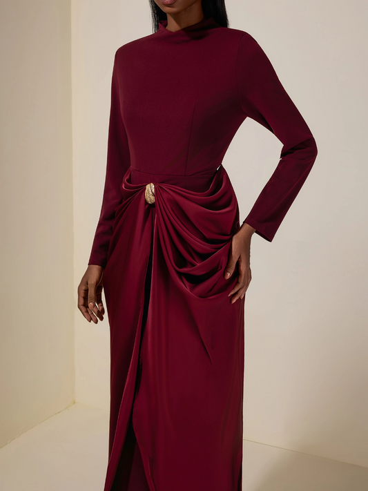 Satin Metal Decorations Long Sleeve Midi Dress