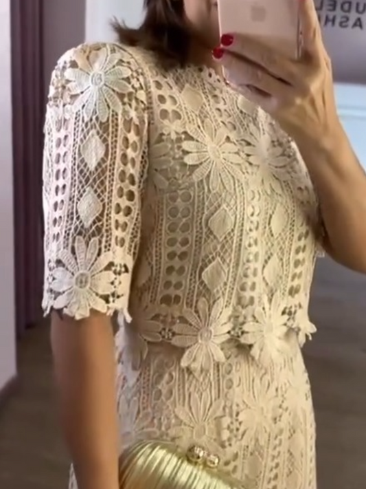 Elegant Cotton Lace Openwork Two-Piece Set